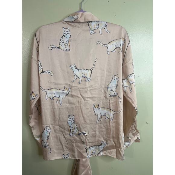 Zara cat print silky ‘fashion pajama’ blogger favorite blouse top, size small - Picture 8 of 16